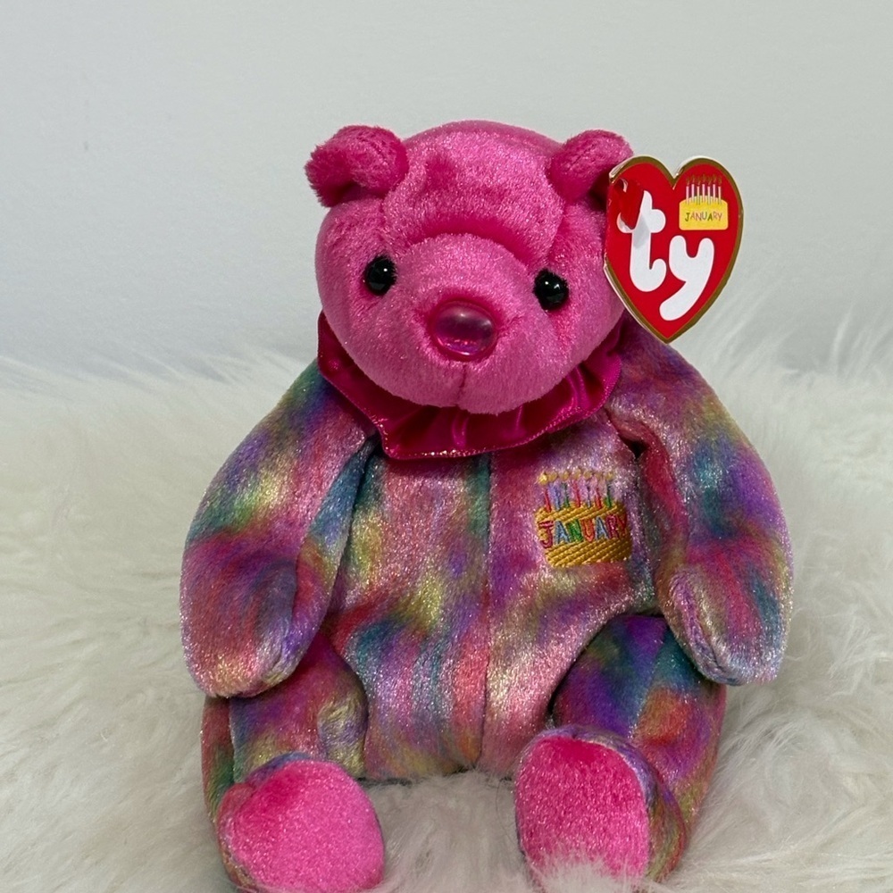 Ty(44)January Vibrant Pink and Multicolor Birthday Bear!